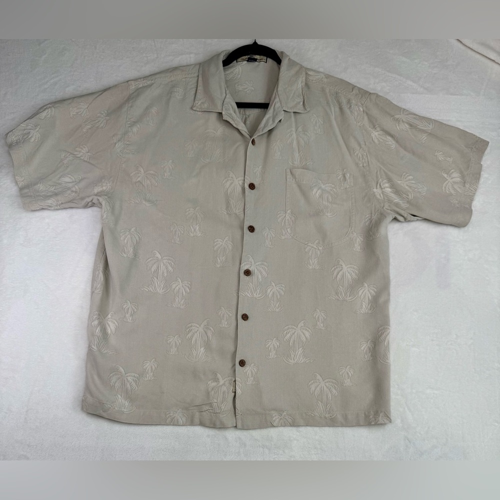 Tommy Bahama Hawaiian Style Tan Silk Shirt Size Large Embroidered Palm Trees